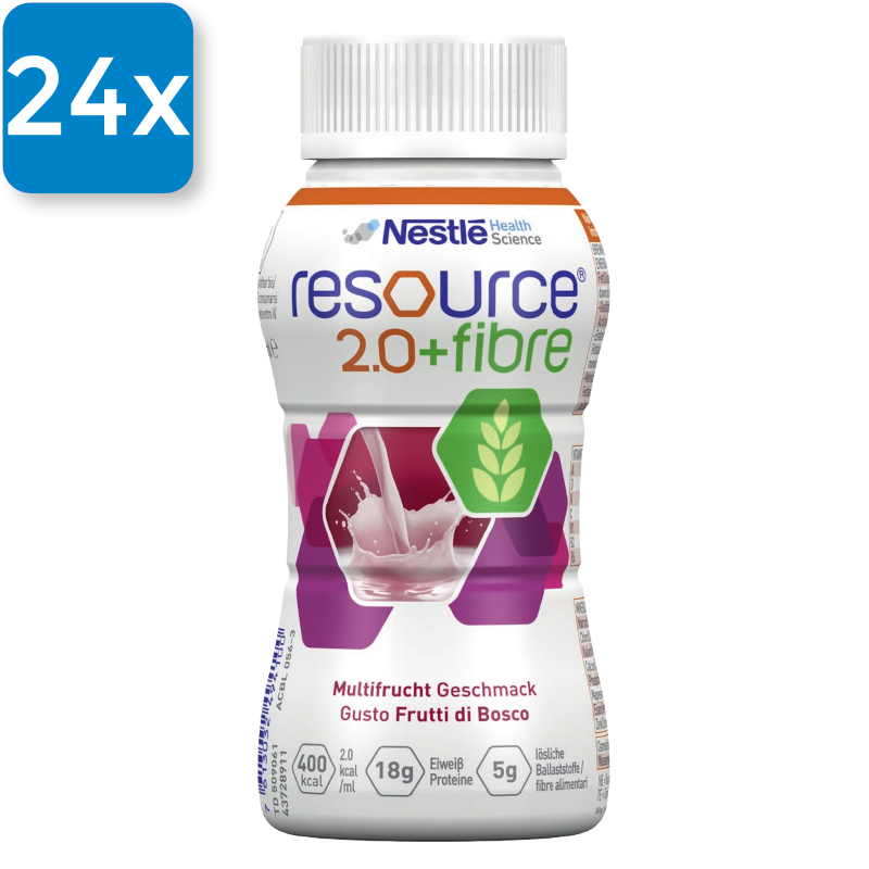 Eine Flasche Resource 2.0 fibre Multifrucht. Oben links ist ein blaues Viereck mit der Aufschrift "24x", welches signalisiert, dass 24 Flaschen in einem Karton enthalten sind.